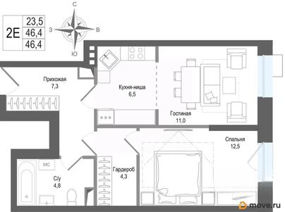 2-комн. квартира, 46.4 м&sup2;