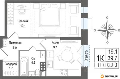 1-комн. квартира, 39.7 м&sup2;