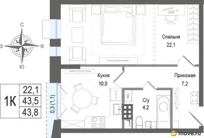 1-комн. квартира, 43.5 м&sup2;