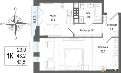 1-комн. квартира, 43.2 м&sup2;