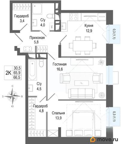 2-комн. квартира, 65.9 м&sup2;