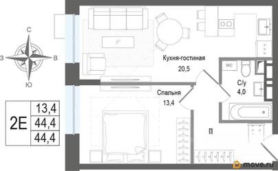 2-комн. квартира, 44.4 м&sup2;