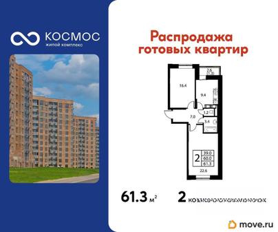 2-комн. квартира, 61.3 м&sup2;