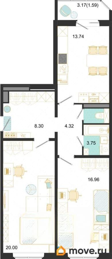 2-комн. квартира, 68.66 м&sup2;