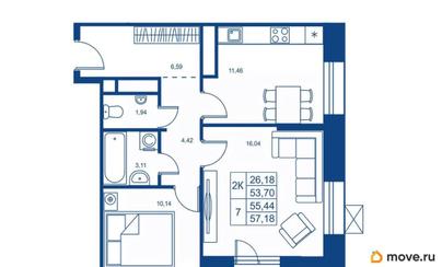 2-комн. квартира, 53.7 м&sup2;