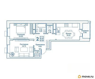 2-комн. квартира, 60.8 м&sup2;