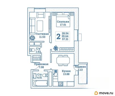 2-комн. квартира, 57.21 м&sup2;