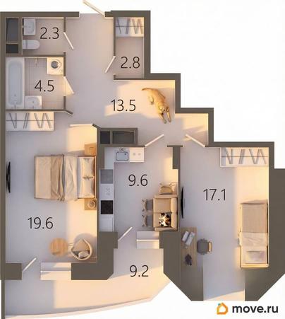 2-комн. квартира, 72.5 м&sup2;