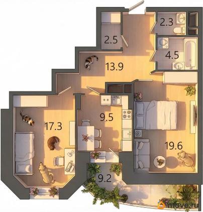 2-комн. квартира, 72.3 м&sup2;