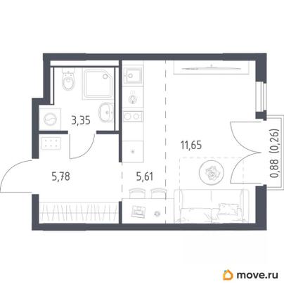 1-комн. квартира, 26.65 м&sup2;