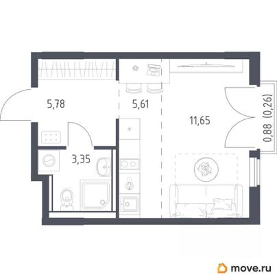 1-комн. квартира, 26.65 м&sup2;