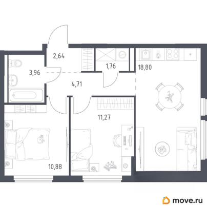 2-комн. квартира, 54.02 м&sup2;