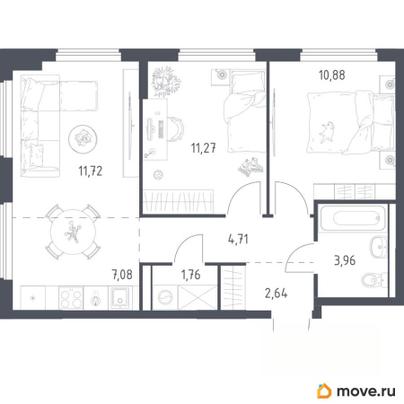 3-комн. квартира, 54.02 м&sup2;