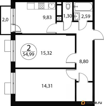 2-комн. квартира, 54.99 м&sup2;