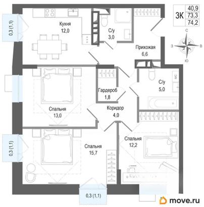 3-комн. квартира, 73.3 м&sup2;