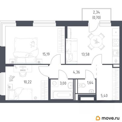 2-комн. квартира, 54.09 м&sup2;