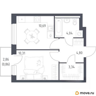 1-комн. квартира, 34.04 м&sup2;