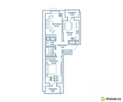 2-комн. квартира, 58.96 м&sup2;