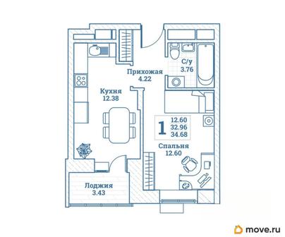 1-комн. квартира, 34.68 м&sup2;