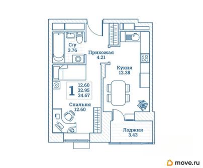 1-комн. квартира, 34.67 м&sup2;