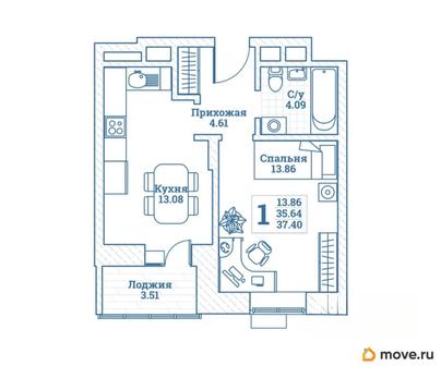 1-комн. квартира, 37.4 м&sup2;