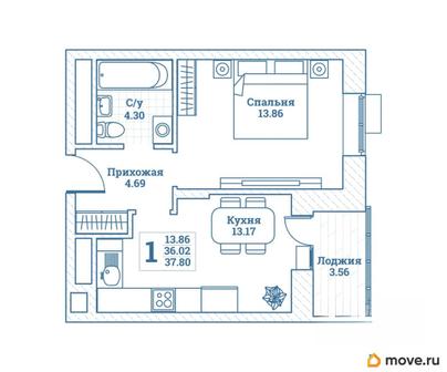 1-комн. квартира, 37.8 м&sup2;