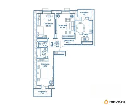 3-комн. квартира, 79.68 м&sup2;