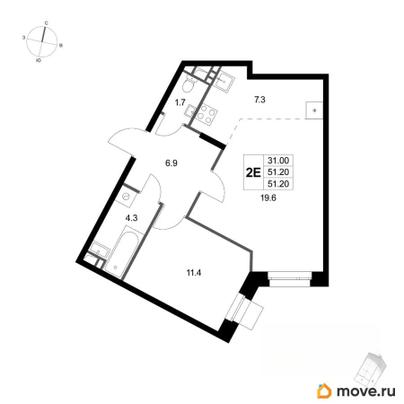 2-комн. квартира, 51.2 м&sup2;