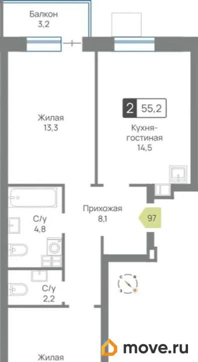 2-комн. квартира, 55.2 м&sup2;
