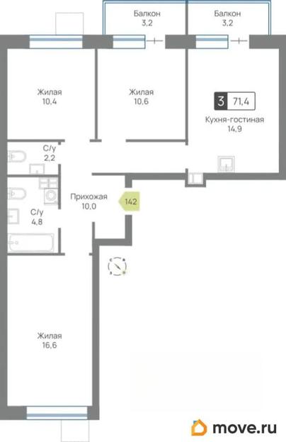 3-комн. квартира, 71.4 м&sup2;
