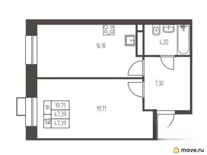 1-комн. квартира, 47.4 м&sup2;