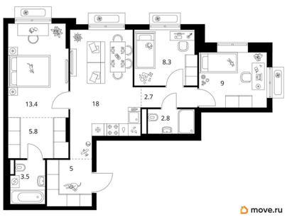 3-комн. квартира, 68.5 м&sup2;