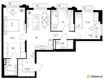 3-комн. квартира, 70.4 м&sup2;
