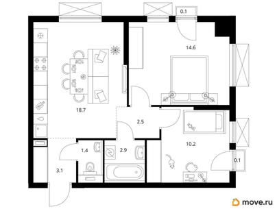 2-комн. квартира, 53.6 м&sup2;