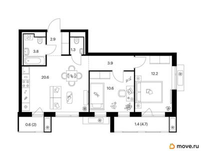 2-комн. квартира, 57.3 м&sup2;