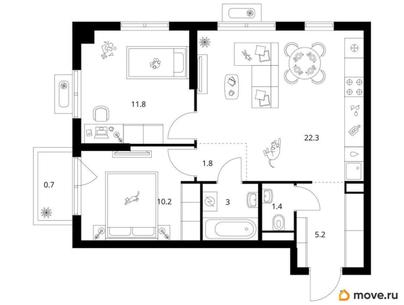 2-комн. квартира, 56.4 м&sup2;