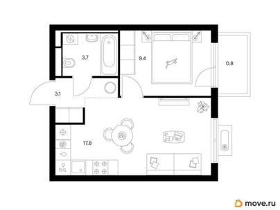 1-комн. квартира, 34.8 м&sup2;