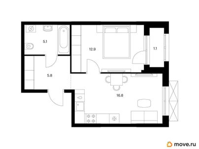 1-комн. квартира, 41.7 м&sup2;