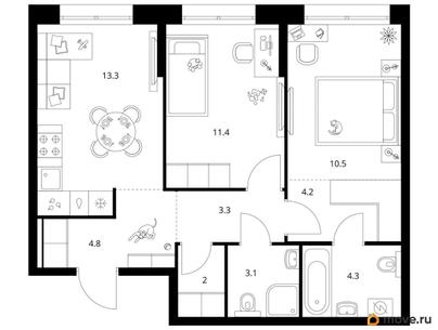 2-комн. квартира, 56.9 м&sup2;