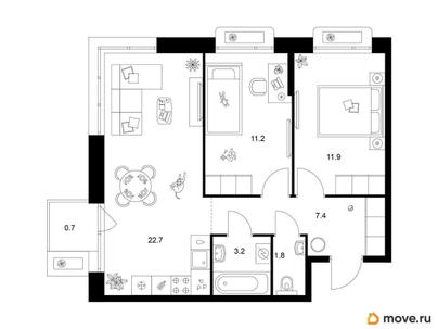 2-комн. квартира, 58.9 м&sup2;