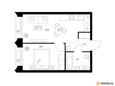 1-комн. квартира, 34.8 м&sup2;