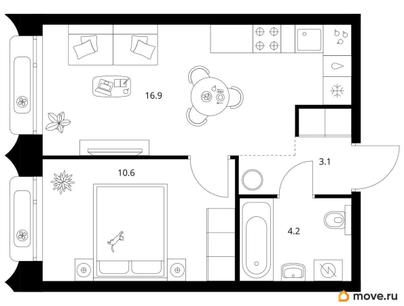 1-комн. квартира, 34.8 м&sup2;