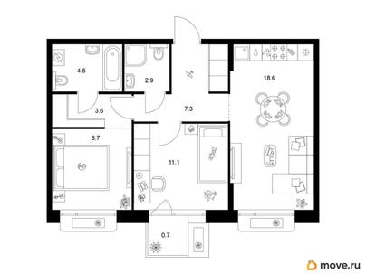 2-комн. квартира, 57.5 м&sup2;